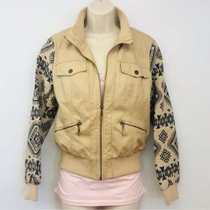 New Look Tan Tribal Print Faux Leather Jacket